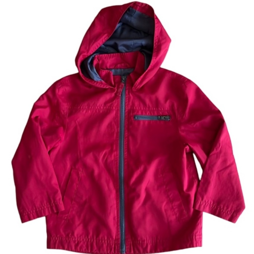 BOYS LINED RED HOODED JACKET WINDBREAKER RAISED COLLAR SZ S (4-5)